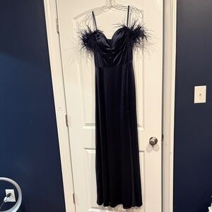 Elegant Blue Maxi Dress with Feather Detail